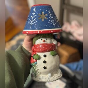 Festive Snowman Tealight Candle Holder with Red and Blue Accents